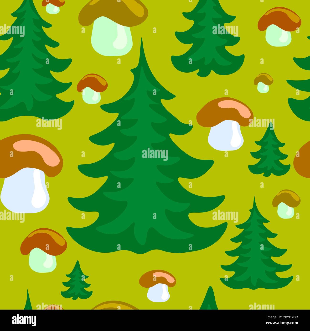 abete rosso alberi e funghi senza cuciture motivo sfondo Illustrazione Vettoriale