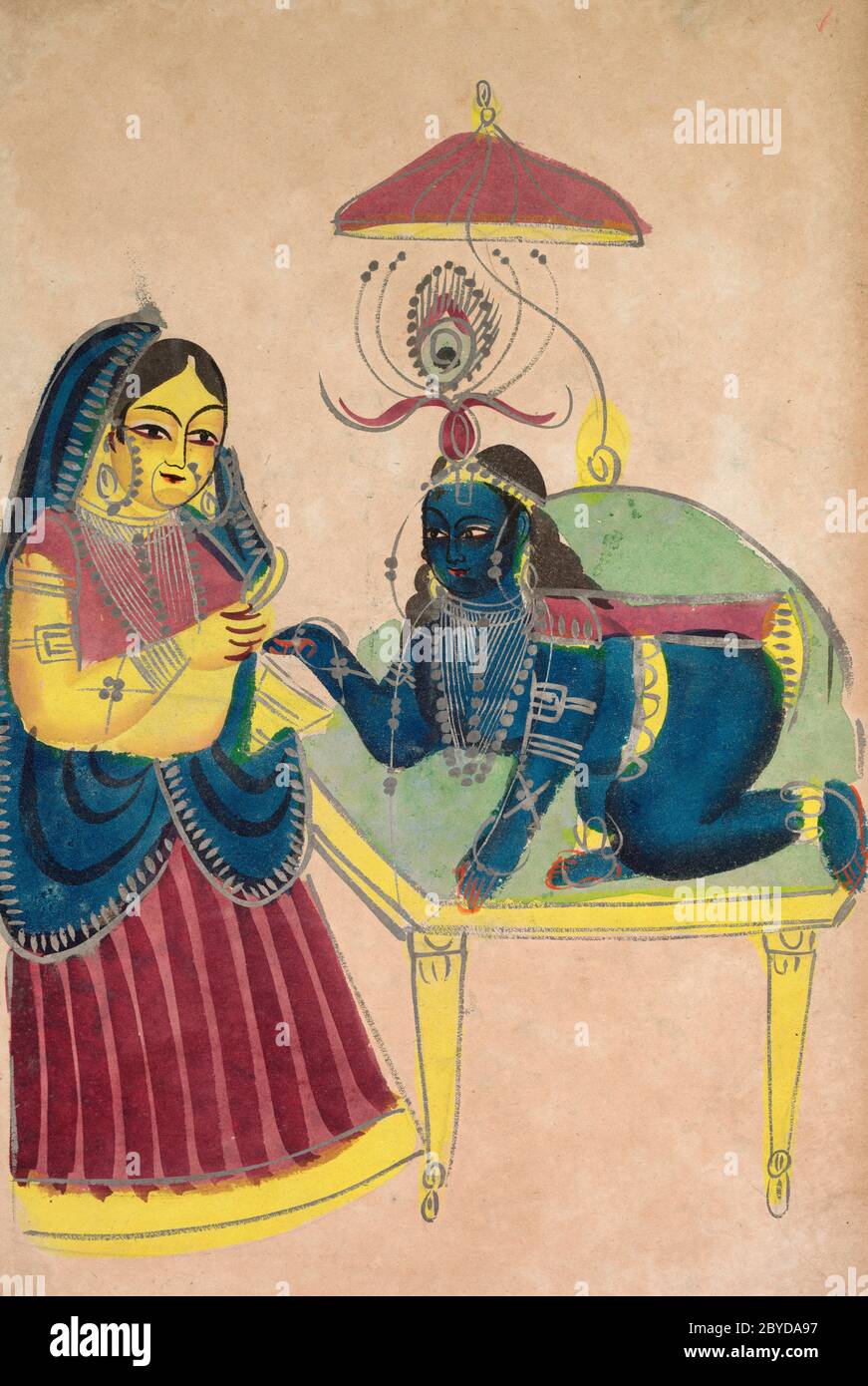 Baby Krishna chiedendo burro da Yashoda, 1800, indiano e sud-est asiatico Arte Foto Stock