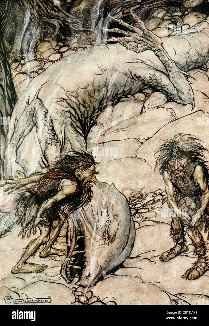 I nani che si discutono sul corpo di Fafner a Siegfried - Arthur Rackham, circa 1911 Foto Stock