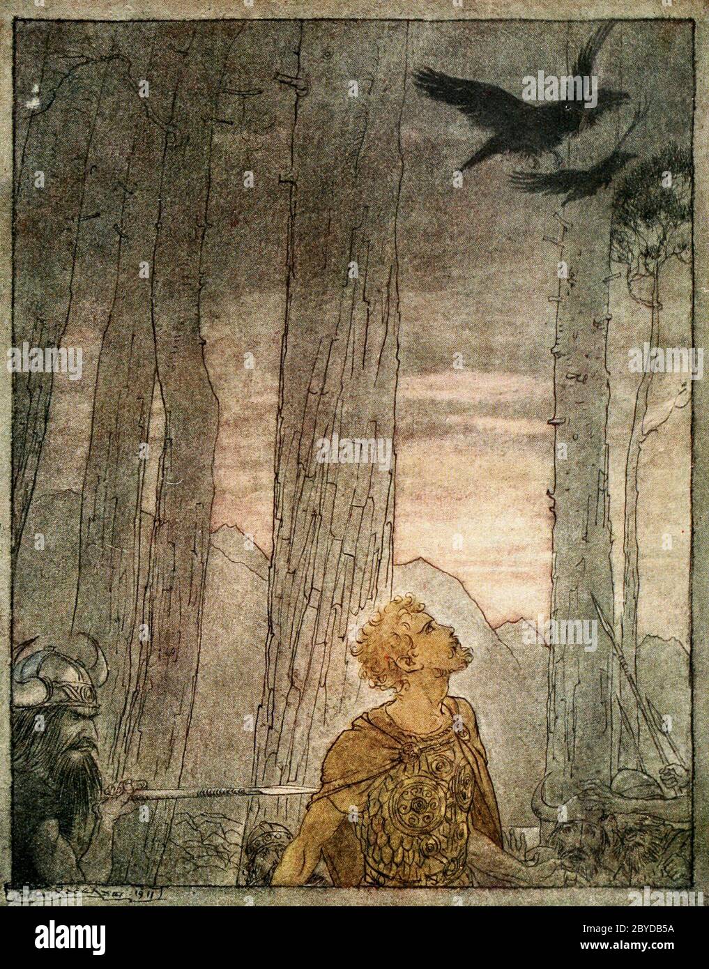 Morte di Siegfried in Twilight of the Gods - Arthur Rackham, 1911 Foto Stock