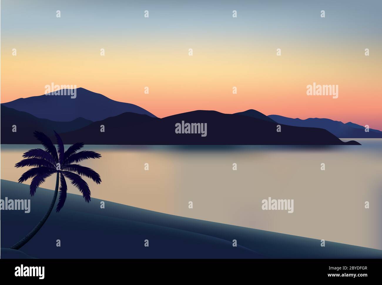 Palma sulla spiaggia ad un'alba o un tramonto. Illustrazione Vettoriale