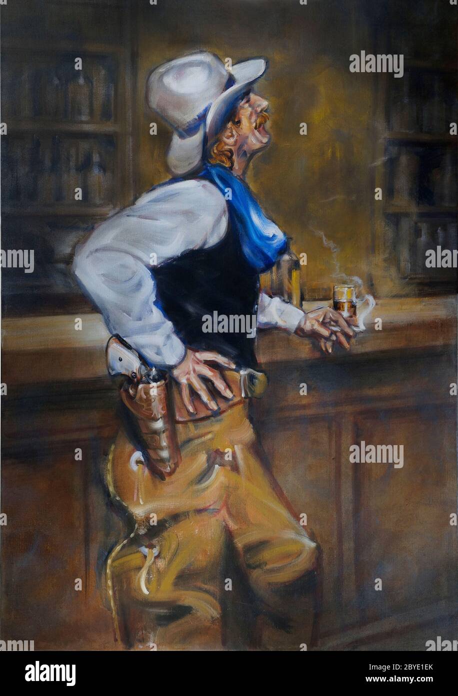 Uno dei due dipinti ad olio commissionati, questo "ammirazione di Cowboy", entrambi guardarsi l'un l'altro appesi lungo una scala. Foto Stock