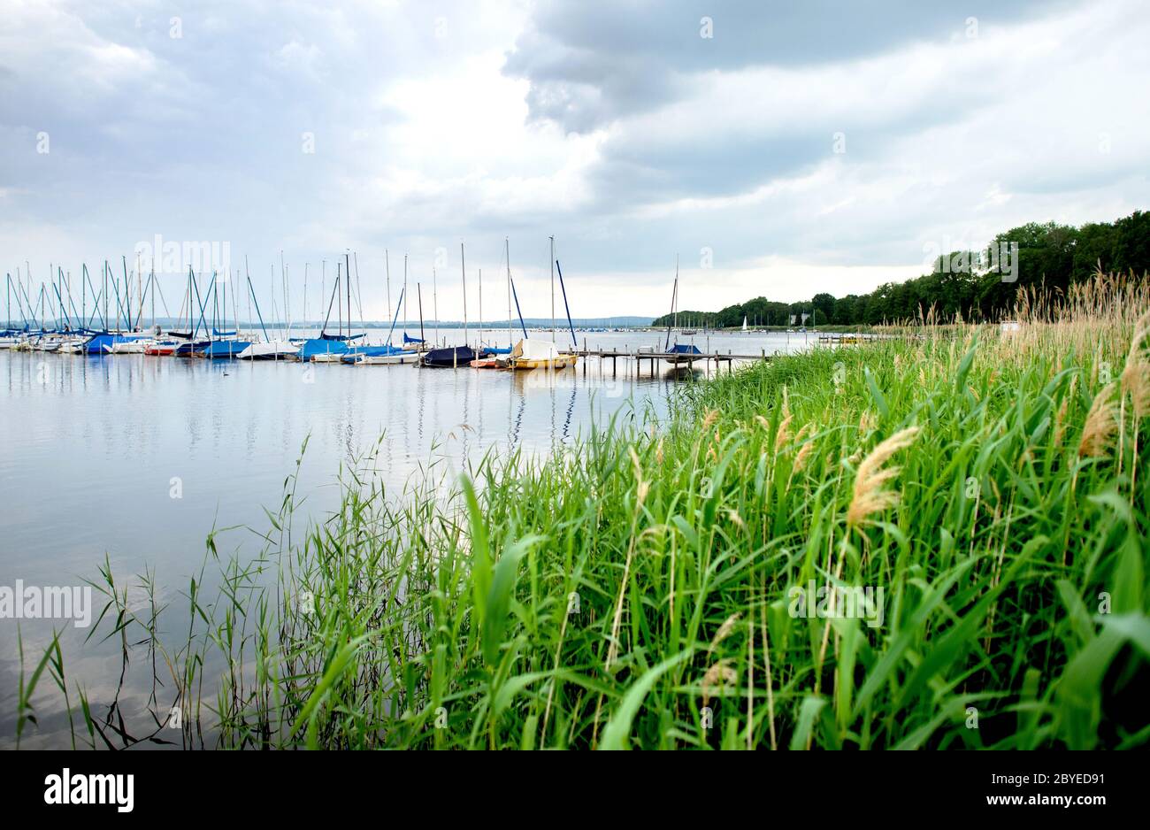 Mardorf, Germania. 09 giugno 2020. Le barche a vela sono ormeggiate presso un molo sulla riva nord dello Steinhuder Meer, mentre le nuvole scure si muovono attraverso il lago. Credit: Hauke-Christian Dittrich/dpa/Alamy Live News Foto Stock