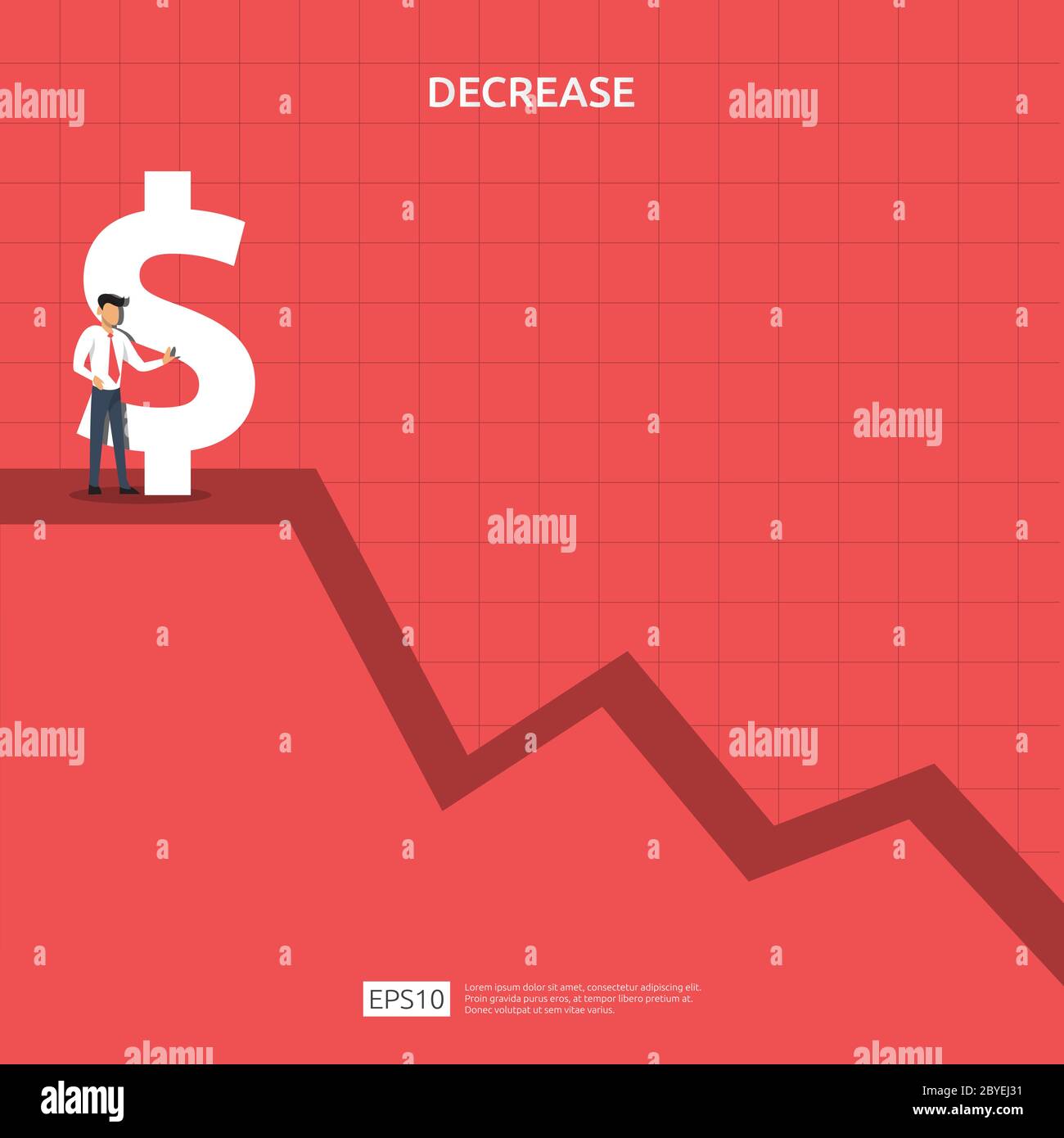 il concetto di crisi finanziaria aziendale. il denaro cade. la freccia riduce l'economia allungando la discesa. la crisi persa fallisce. la riduzione dei costi Illustrazione Vettoriale