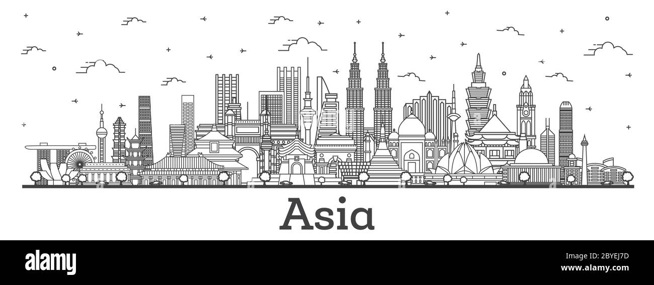 Paesaggio asiatico. Delineare i famosi monumenti storici in Asia. Illustrazione vettoriale. Concetto di viaggio d'affari e turismo. Delhi. Pechino. Giacarta. Mumbai. Illustrazione Vettoriale