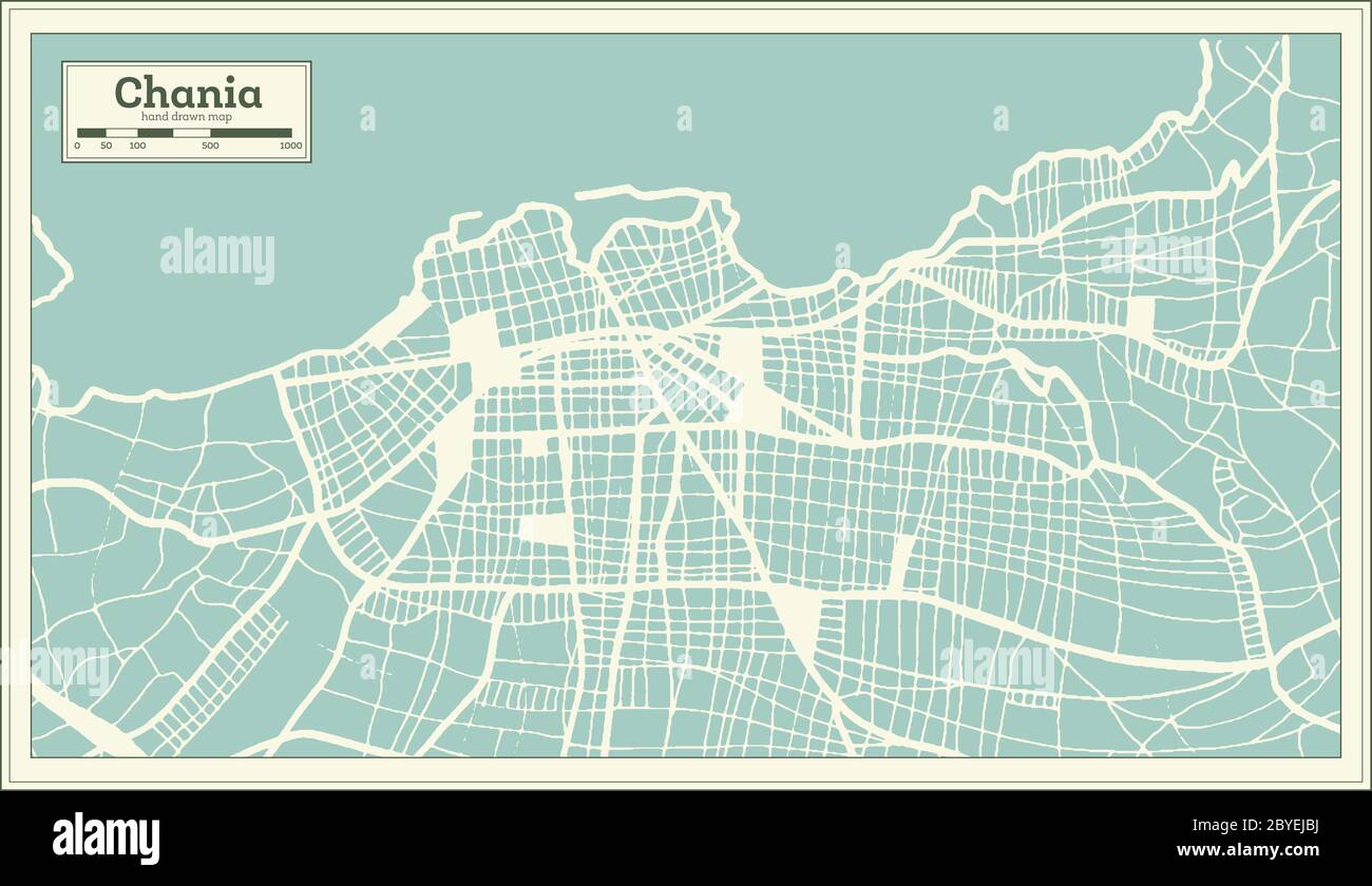 Mappa della città di Chania in stile retro. Mappa di contorno. Illustrazione vettoriale. Illustrazione Vettoriale