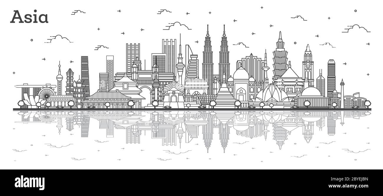 Paesaggio asiatico. Delineare i famosi monumenti storici in Asia con riflessi. Illustrazione vettoriale. Concetto di viaggio d'affari e turismo. Delhi. Pechino. Giacarta. Illustrazione Vettoriale