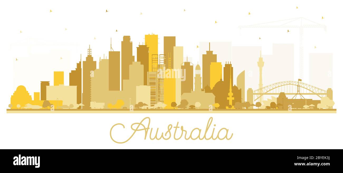 Silhouette dello skyline di Australia City con edifici dorati isolati su bianco. Illustrazione vettoriale. Concetto di turismo con architettura storica. Australia Illustrazione Vettoriale