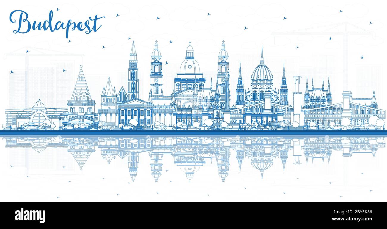 Profilo Budapest Ungheria Città skyline con edifici blu e riflessi. Illustrazione vettoriale. Illustrazione Vettoriale