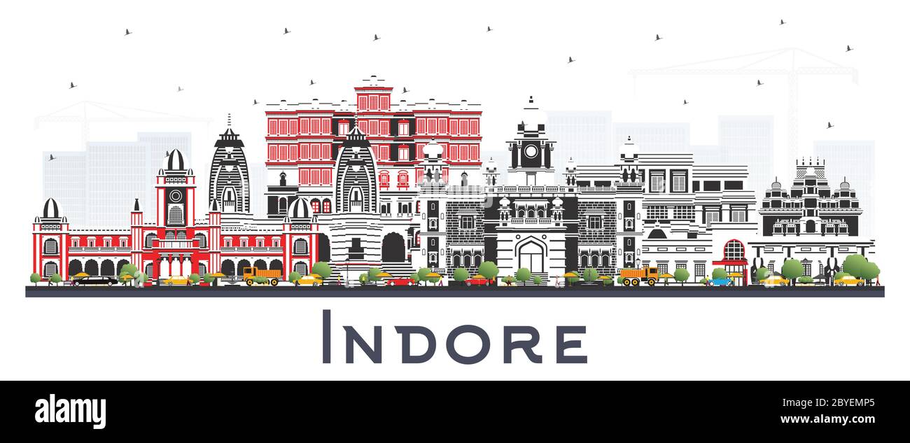 Skyline della città di Indore India con edifici grigi isolati su bianco. Illustrazione vettoriale. Illustrazione Vettoriale