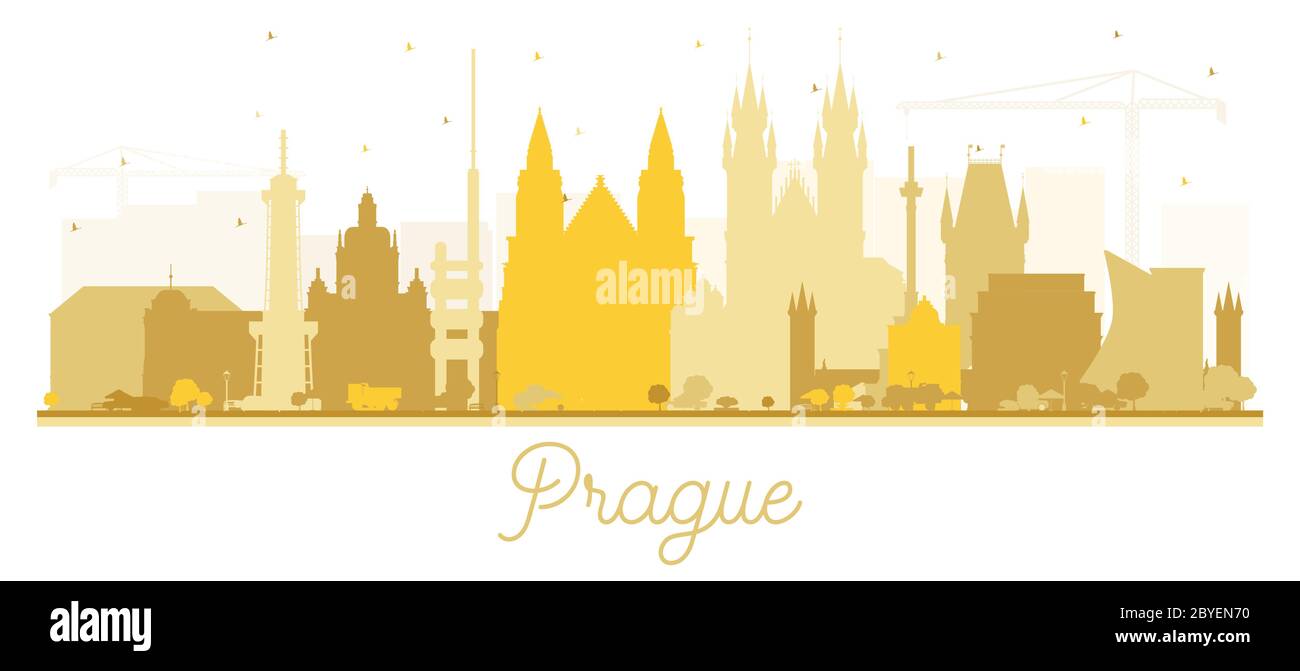 Praga Repubblica Ceca Skyline Silhouette con edifici dorati isolati su bianco. Illustrazione vettoriale. Illustrazione Vettoriale