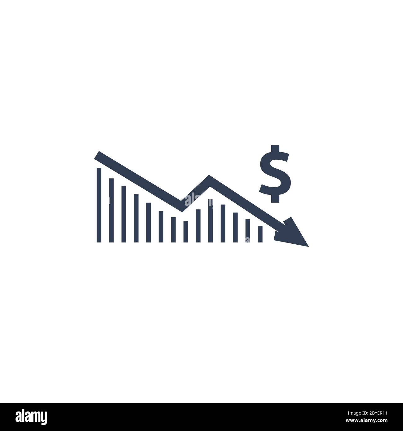 icona di riduzione del dollaro. Simbolo di denaro con freccia che si allunga verso il basso caduta. Icona di riduzione dei costi aziendali. Illustrazione vettoriale. Illustrazione Vettoriale