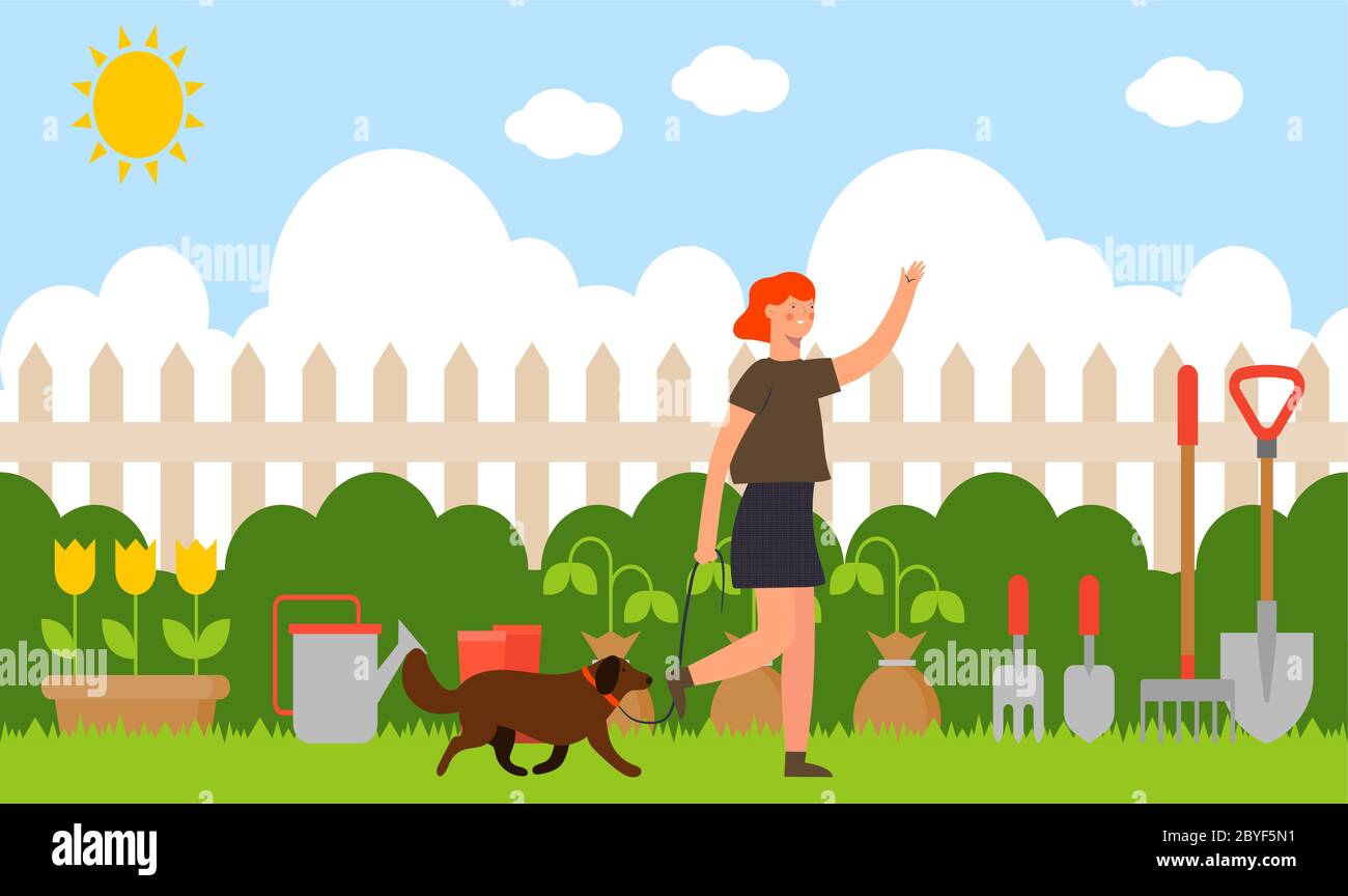 donna che cammina nel giardino con il suo cane Illustrazione Vettoriale