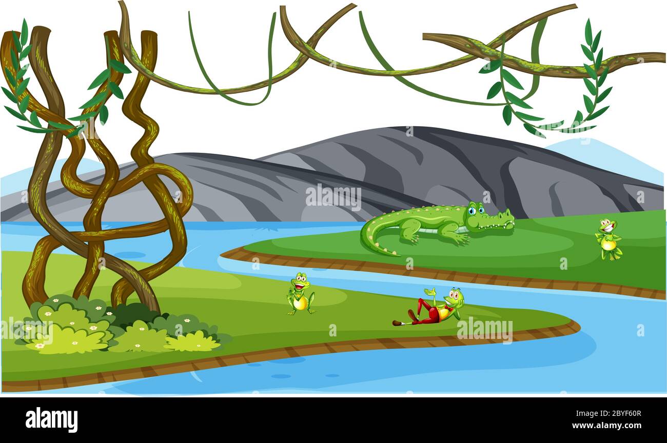 gli animali giocano vicino al fiume Illustrazione Vettoriale