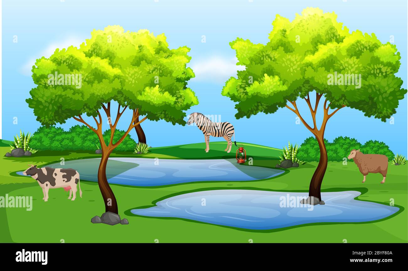 gli animali attraversano la foresta dopo aver bevuto acqua Illustrazione Vettoriale