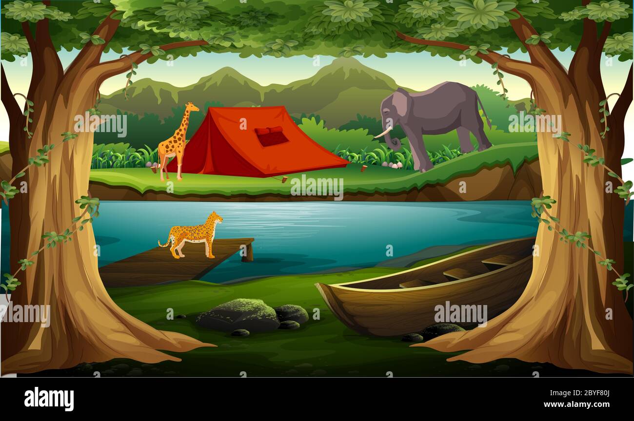 gli animali vivono vicino al fiume nella foresta Illustrazione Vettoriale
