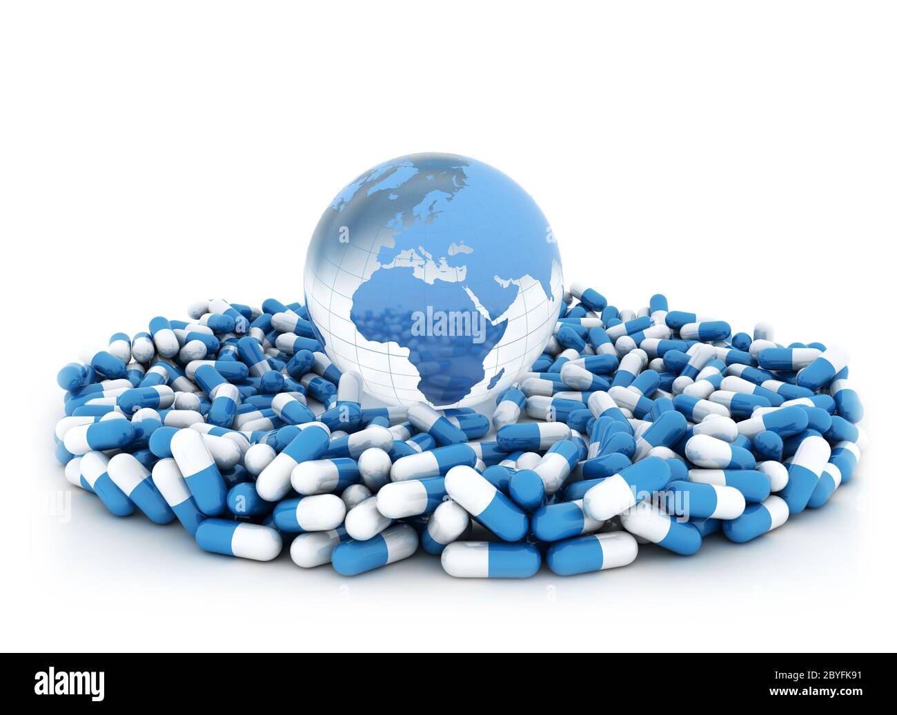 Pillole di medicina e mondo isolato su bianco. Illustrazione 3D Foto Stock