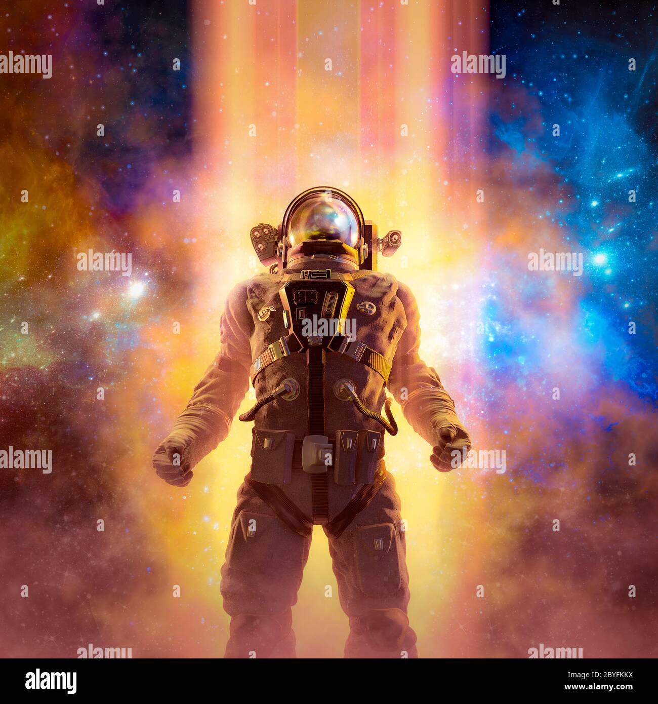 Viaggia verso le stelle / illustrazione 3D della scena fantascientifica con astronauta eroico che si stagliano contro i raggi di luce nello spazio Foto Stock