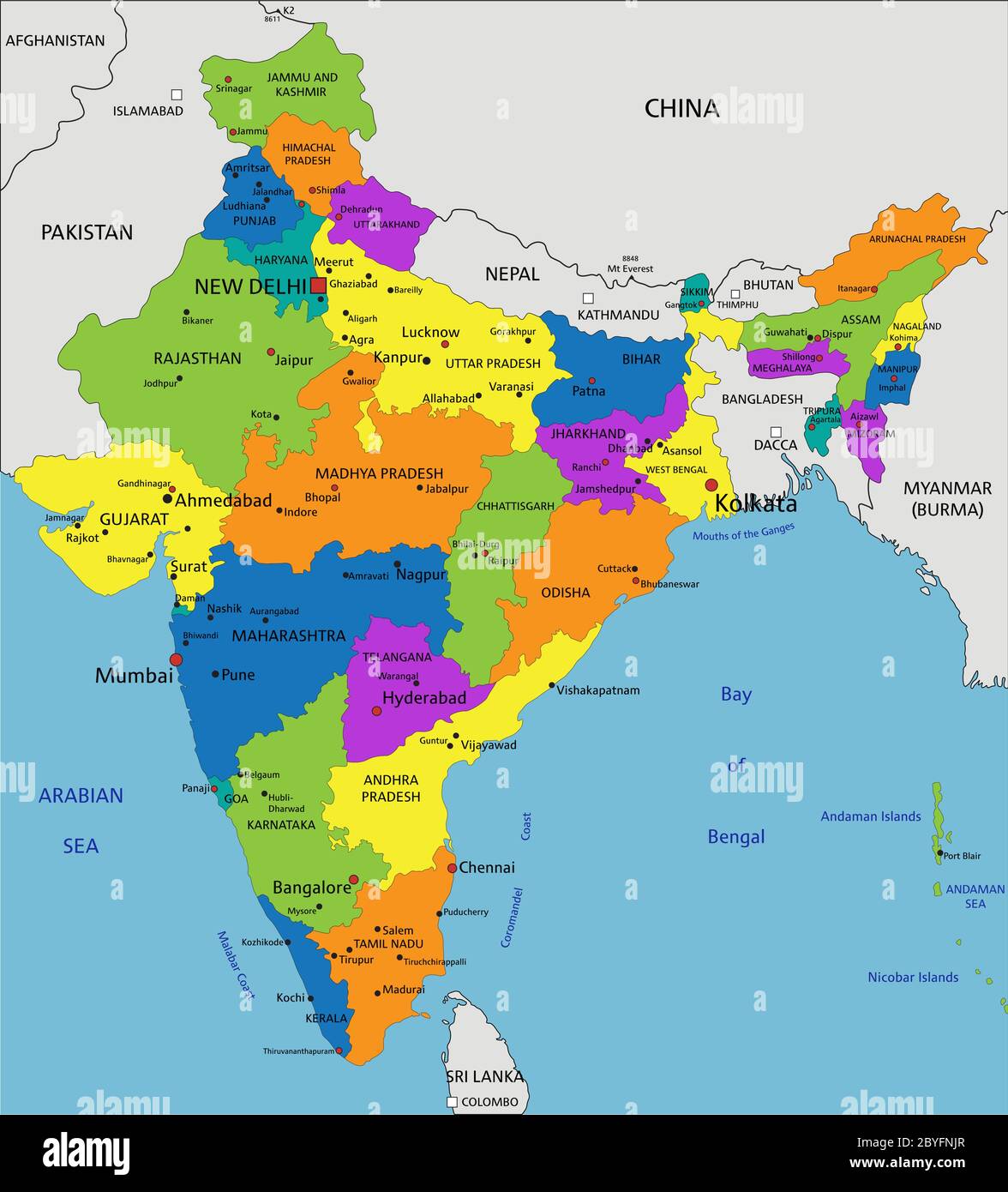 Mappa politica colorata dell'India con strati chiaramente etichettati e separati. Illustrazione vettoriale. Illustrazione Vettoriale