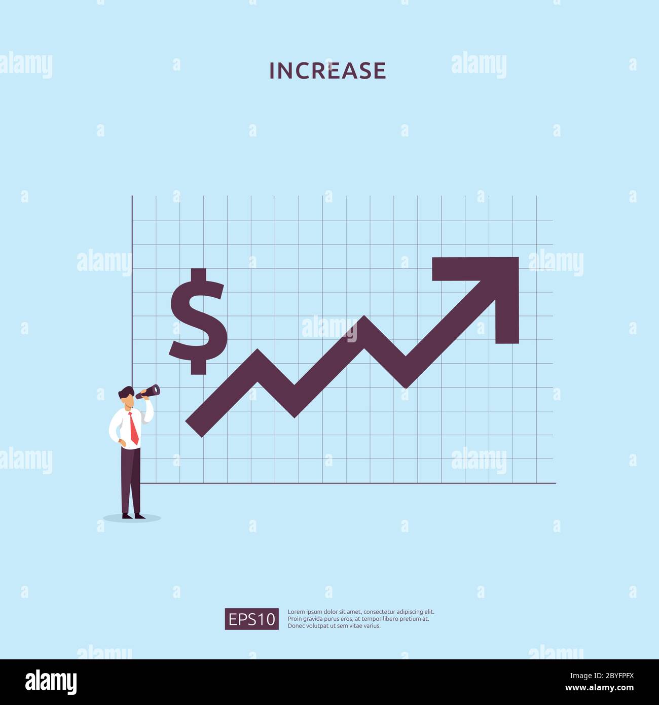 Concetto di performance finanziaria. Aumento del profitto commerciale con la freccia di crescita e il carattere della gente. Reddito tasso di stipendio crescere margine di profitto con il dollaro Illustrazione Vettoriale
