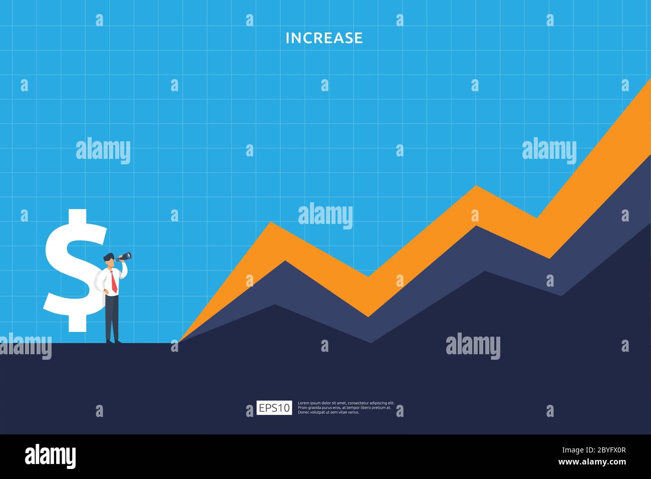 Concetto di performance finanziaria. Aumento del profitto commerciale con la freccia di crescita e il carattere della gente. Reddito tasso di stipendio crescere margine di profitto con il dollaro sy Illustrazione Vettoriale