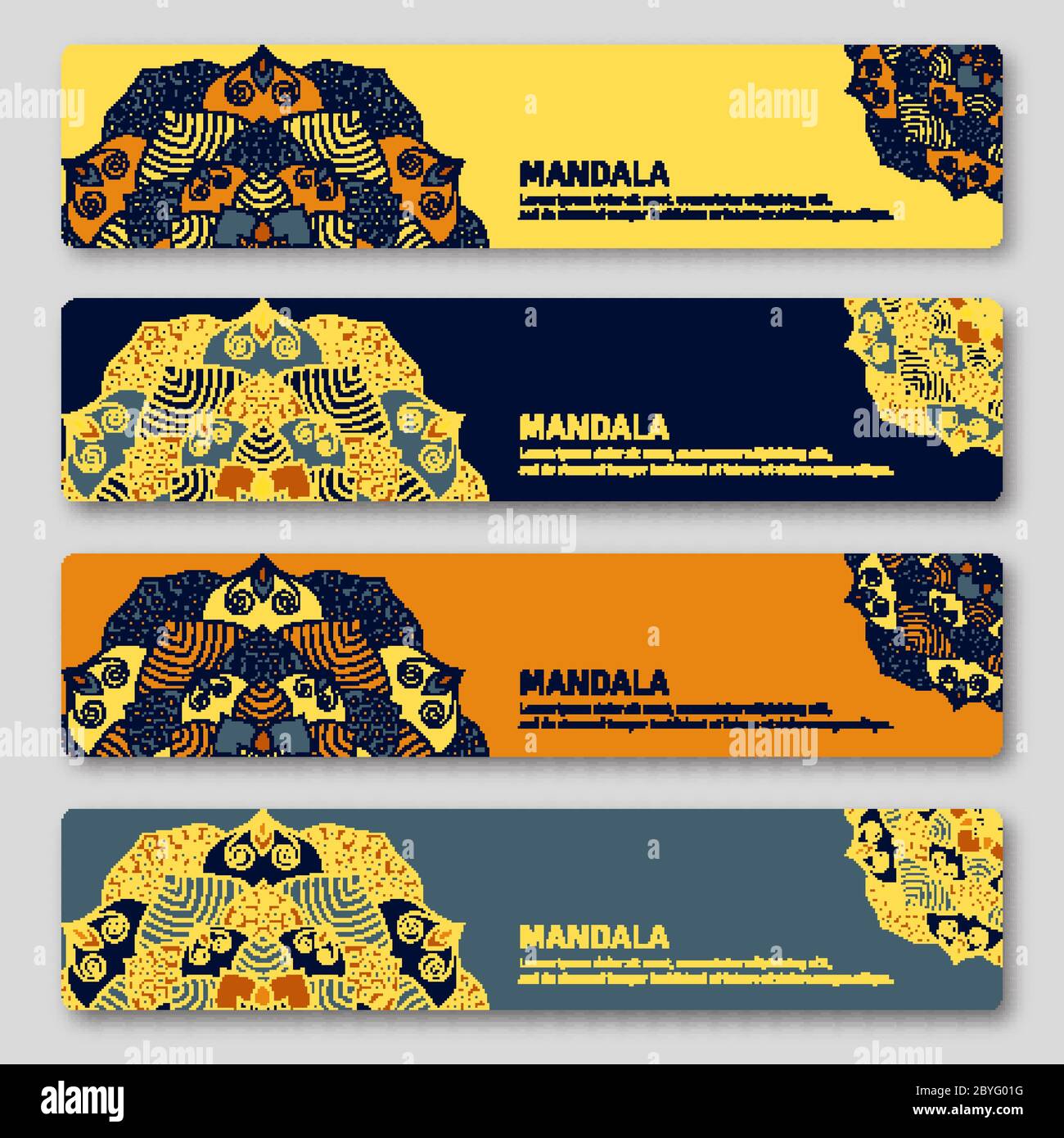 Set di carte gorizontali con mandala disegnata a mano. Illustrazione Vettoriale