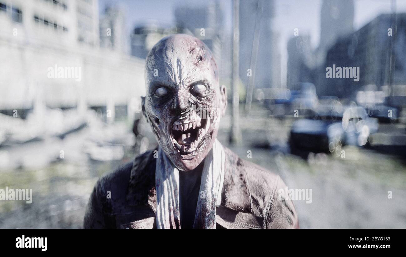 Terribile zombie in città distrutta. Concetto di apocalisse zombie. rendering 3d. Foto Stock