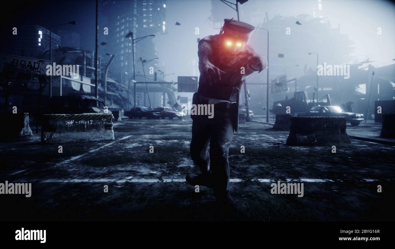 Zombie polizia in città buia distrutta. Notte nebbia spettacolare. Concetto di apocalisse zombie. rendering 3d. Foto Stock