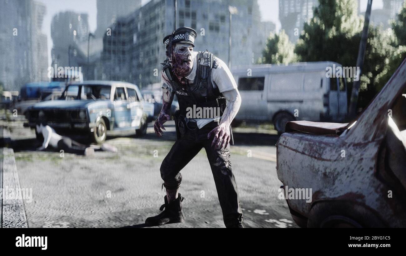 Terribile zombie in città distrutta. Concetto di apocalisse zombie. rendering 3d. Foto Stock