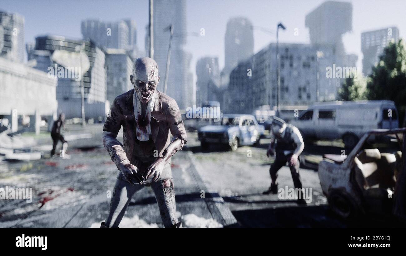 Terribile zombie in città distrutta. Concetto di apocalisse zombie. rendering 3d. Foto Stock
