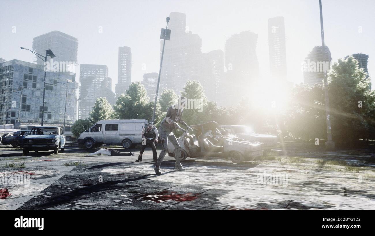 Terribile zombie in città distrutta. Concetto di apocalisse zombie. rendering 3d. Foto Stock