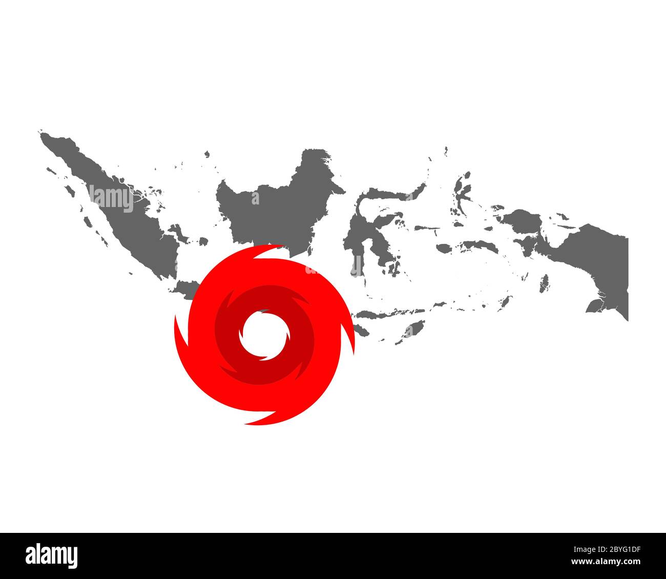 Mappa dell'Indonesia e simbolo dell'uragano Foto Stock