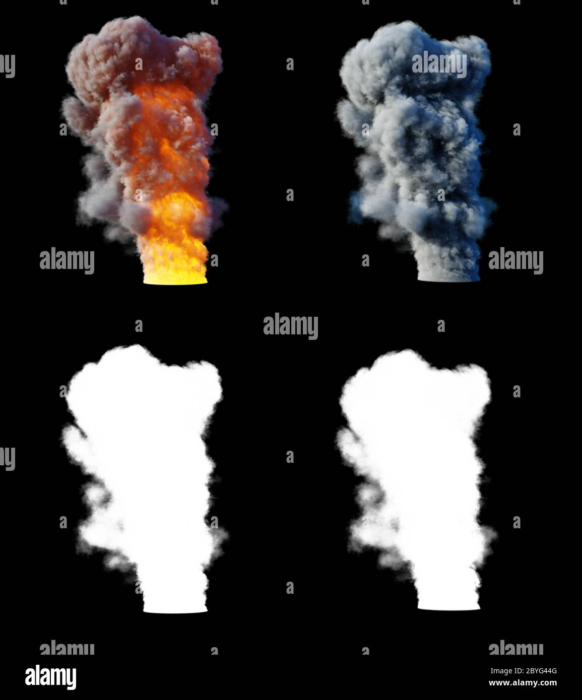 Grande esplosione e nube di fumo. Isolamento antincendio. Alpha opaco. rendering 3d. Foto Stock