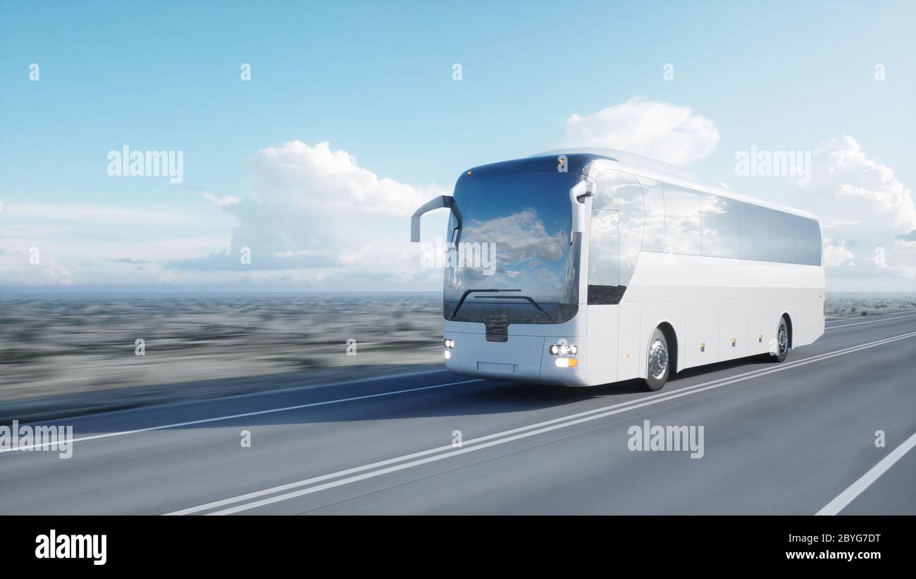 autobus turistico bianco sulla strada, autostrada. Guida molto veloce. Concetto turistico e di viaggio. rendering 3d. Foto Stock