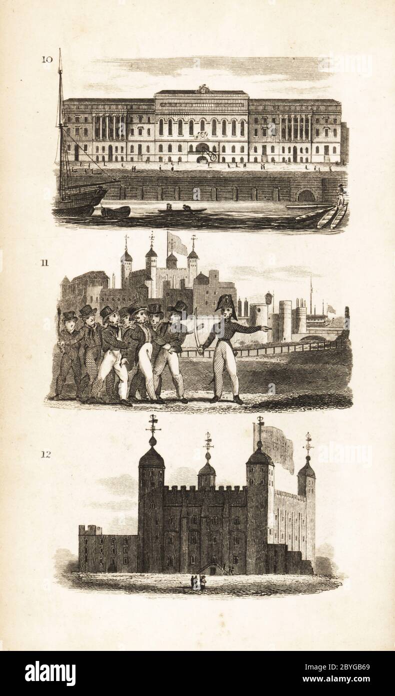 La Casa personalizzata, la Sala Stampa e la Torre di Londra. La New Custom House è stata inaugurata nel 1817 in Lower Thames Street 10, uomini della Press Gang armati di spade e cuggels che premono un civile per unirsi alla Marina vicino alla Torre di Londra 11 e alla Torre Bianca nella Torre di Londra 12. Incisione di un taglio di legno dopo un'illustrazione di Isaac Taylor da scene di città, o un Peep in Londra, da Ann Taylor e Jane Taylor, pubblicato da Harvey e Darton, Gracechurch Street, Londra, 1828. Le sorelle inglesi Ann e Jane Taylor erano prolifici poeti romantici e scrittori di libri per bambini agli inizi del XIX secolo. Foto Stock