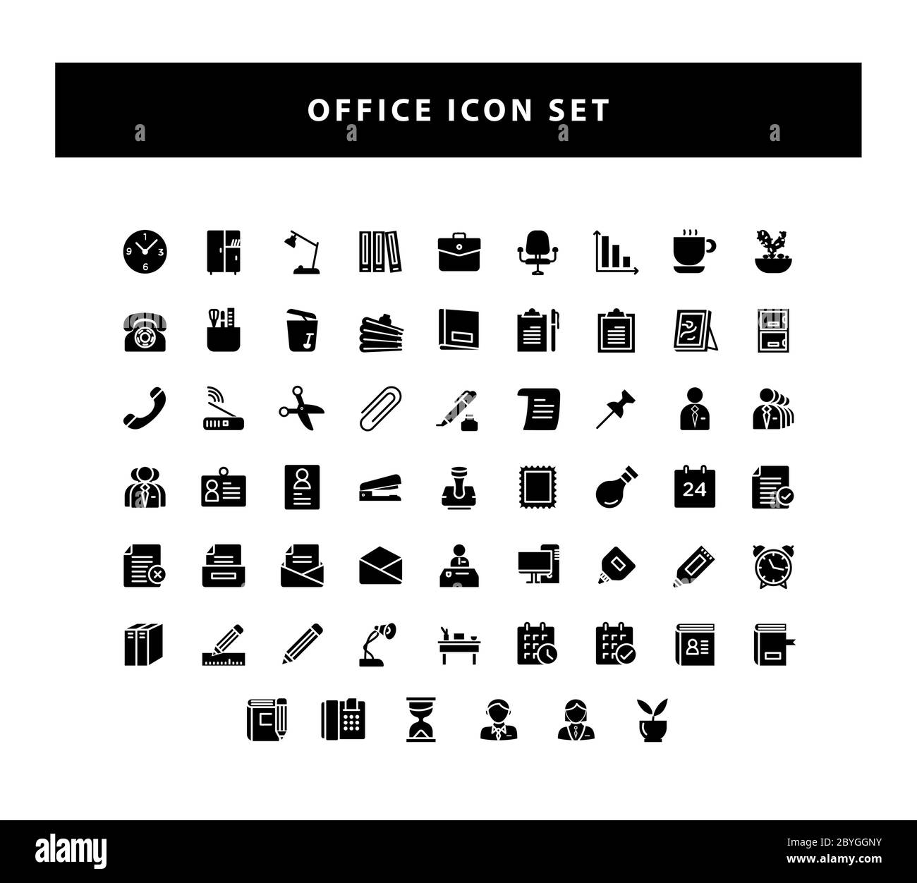 Set di icone Office con vettore di progettazione stile glifo Illustrazione Vettoriale