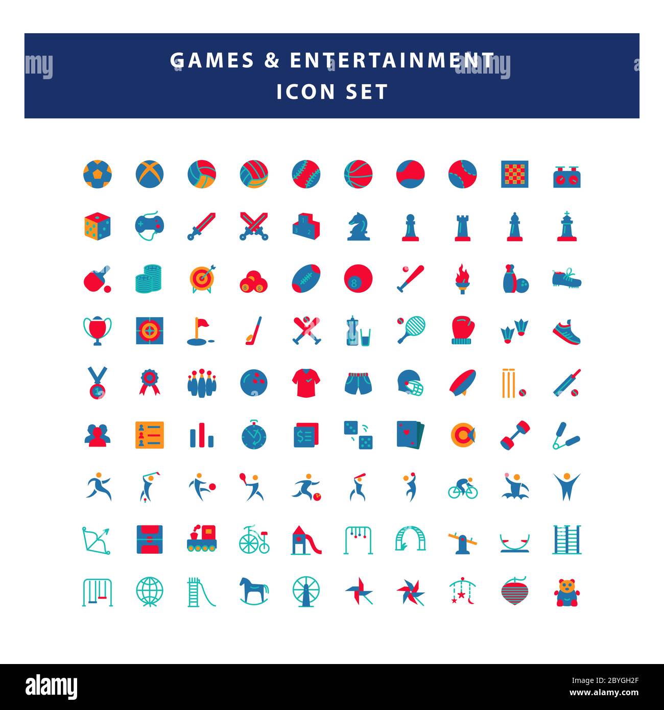 set di giochi e icona di intrattenimento con disegno piatto vettore Illustrazione Vettoriale
