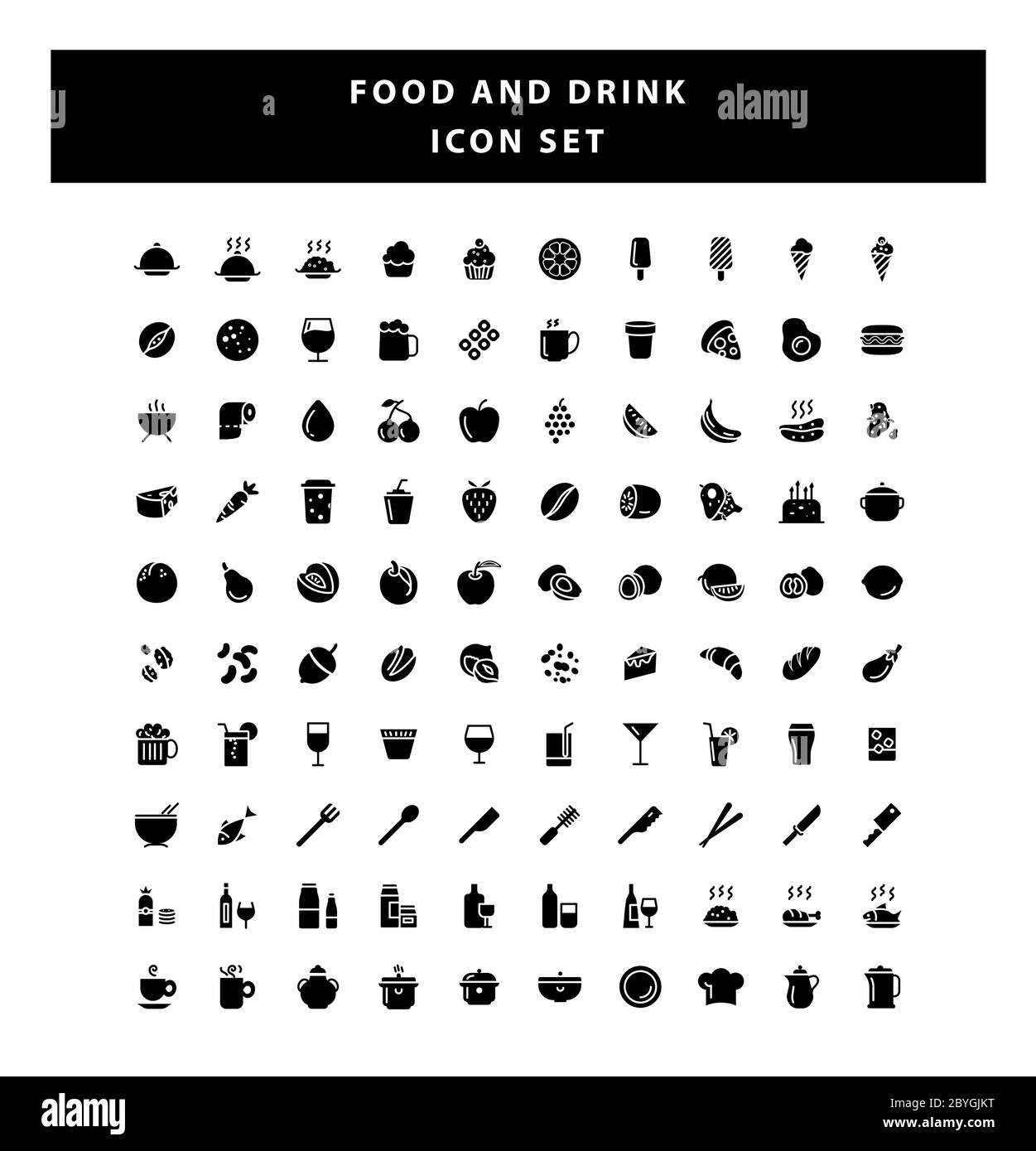 Set di icona di cibi e bevande con vettore di disegno stile glifo Illustrazione Vettoriale