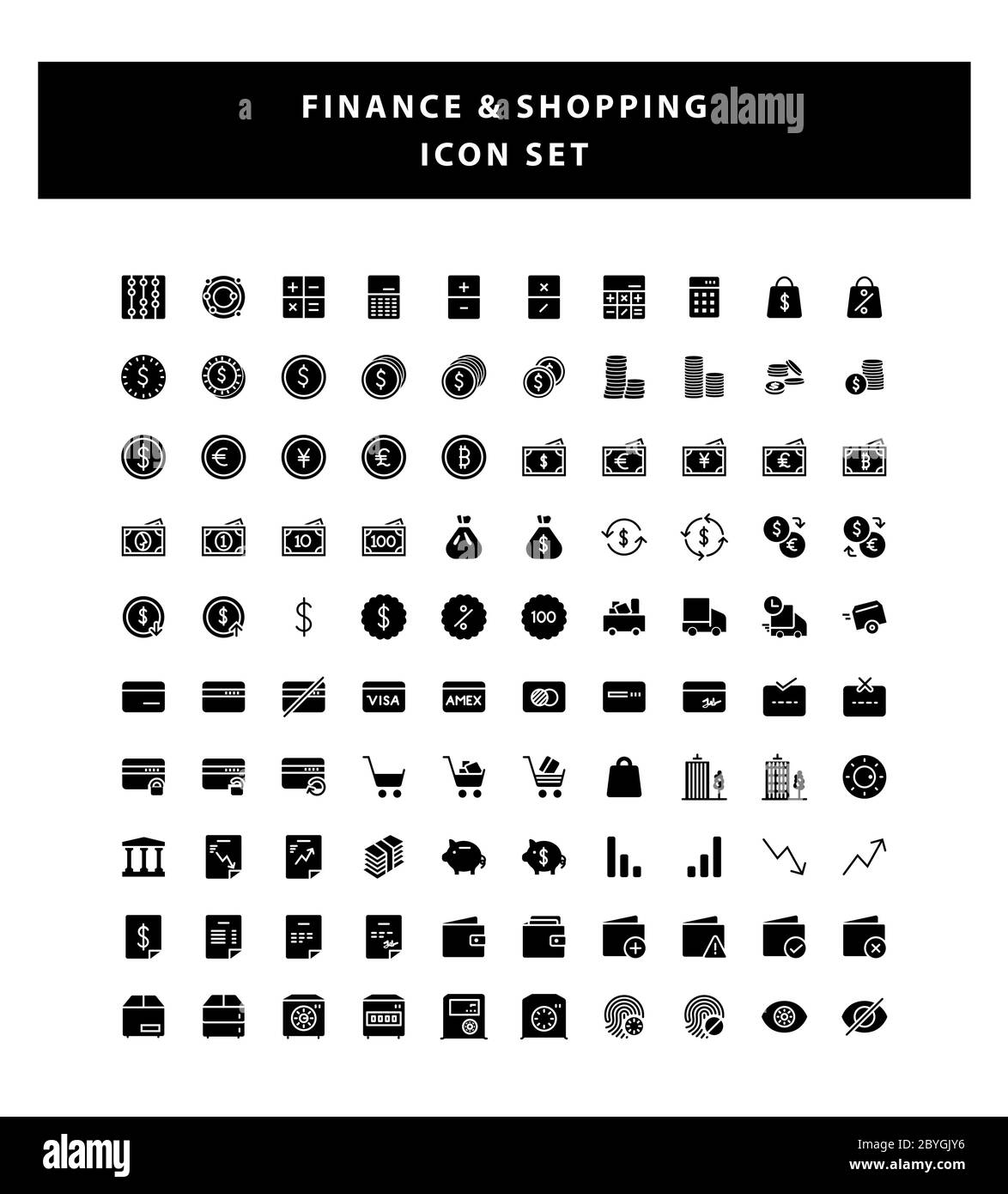 set di pagamento e icona finanziaria con vettore di disegno stile glifo Illustrazione Vettoriale
