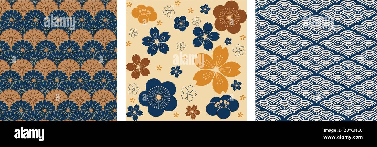 Sfondo giapponese con fiore di ciliegio e vettore di pattern ondulato. Design da cartolina floreale in stile vintage. Illustrazione Vettoriale