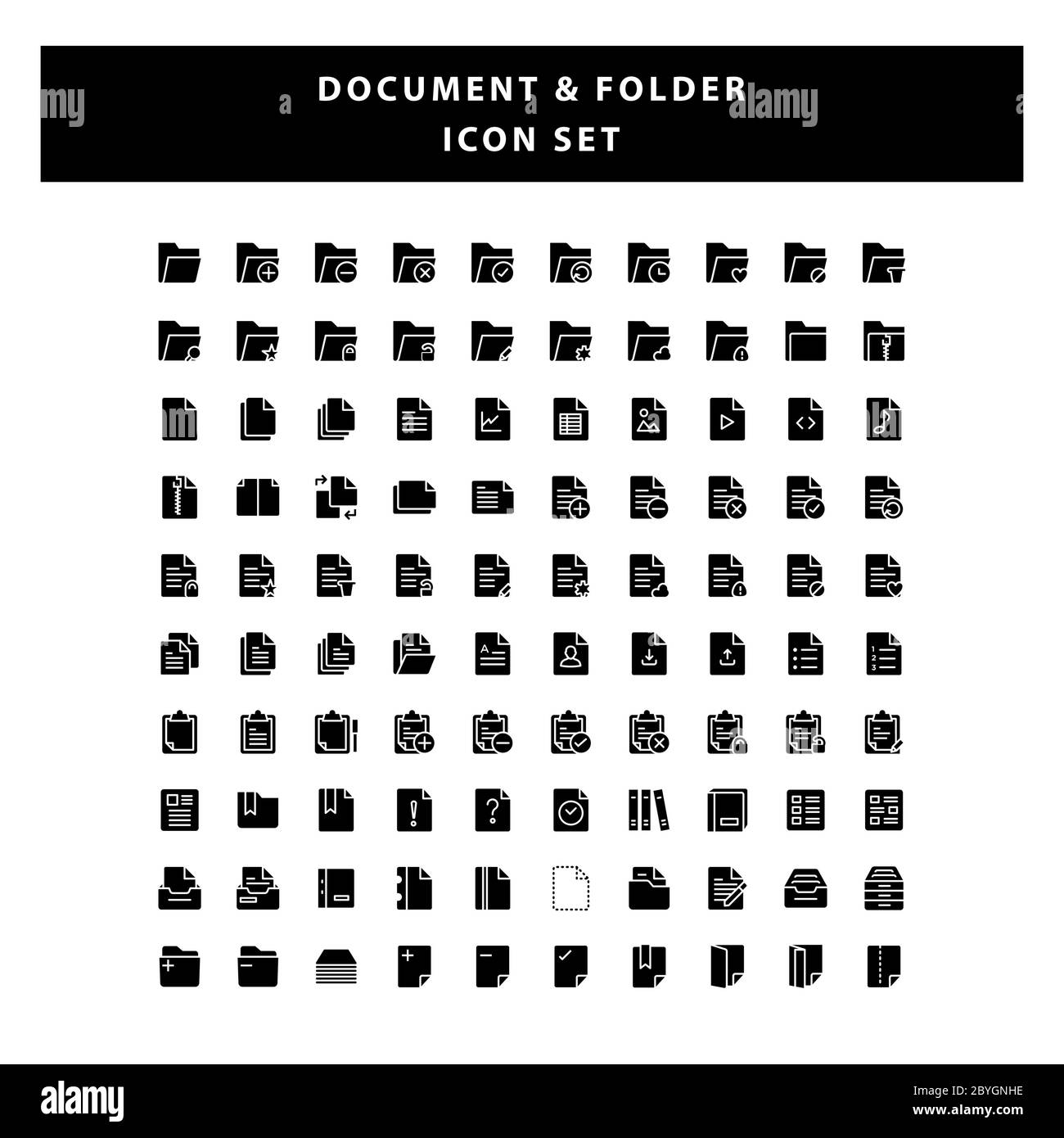 Set di icone documento e cartella con vettore di disegno stile glifo Illustrazione Vettoriale
