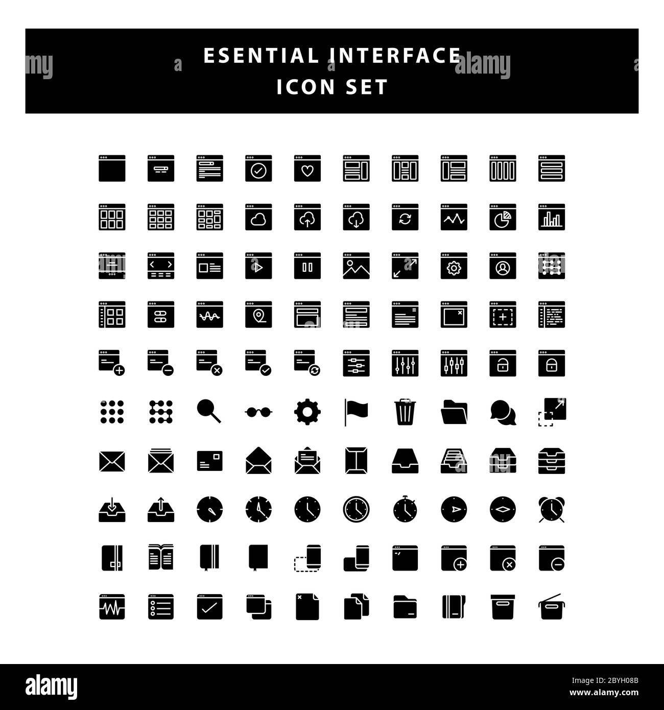 Set di pagine icona interfaccia con vettore di disegno stile glifo Illustrazione Vettoriale