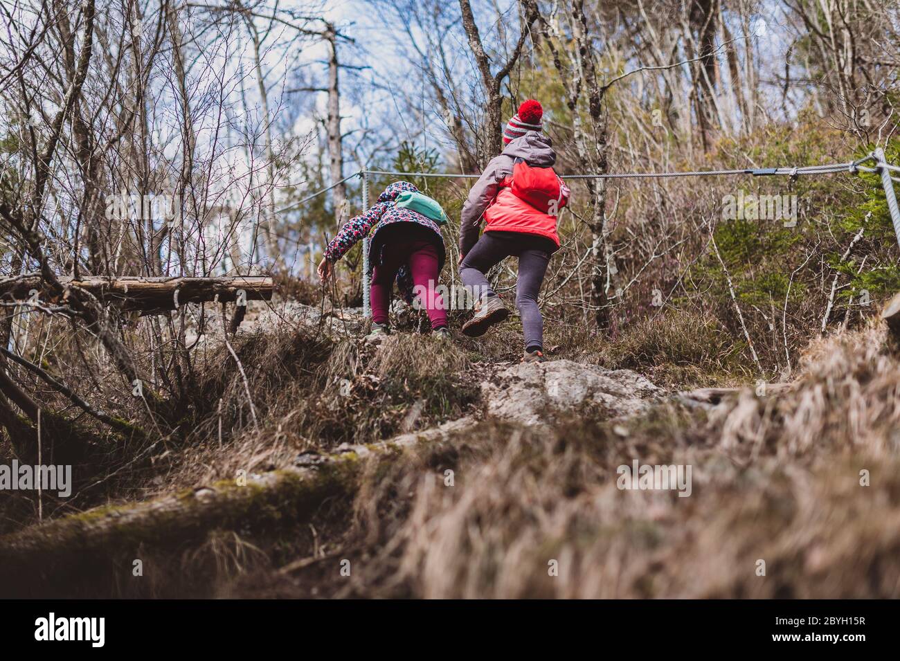 Escursioni per bambini in montagna o nei boschi in viaggio con la famiglia. Famiglia attiva, genitori e bambini alpinismo nella natura. I bambini camminano nei boschi Foto Stock
