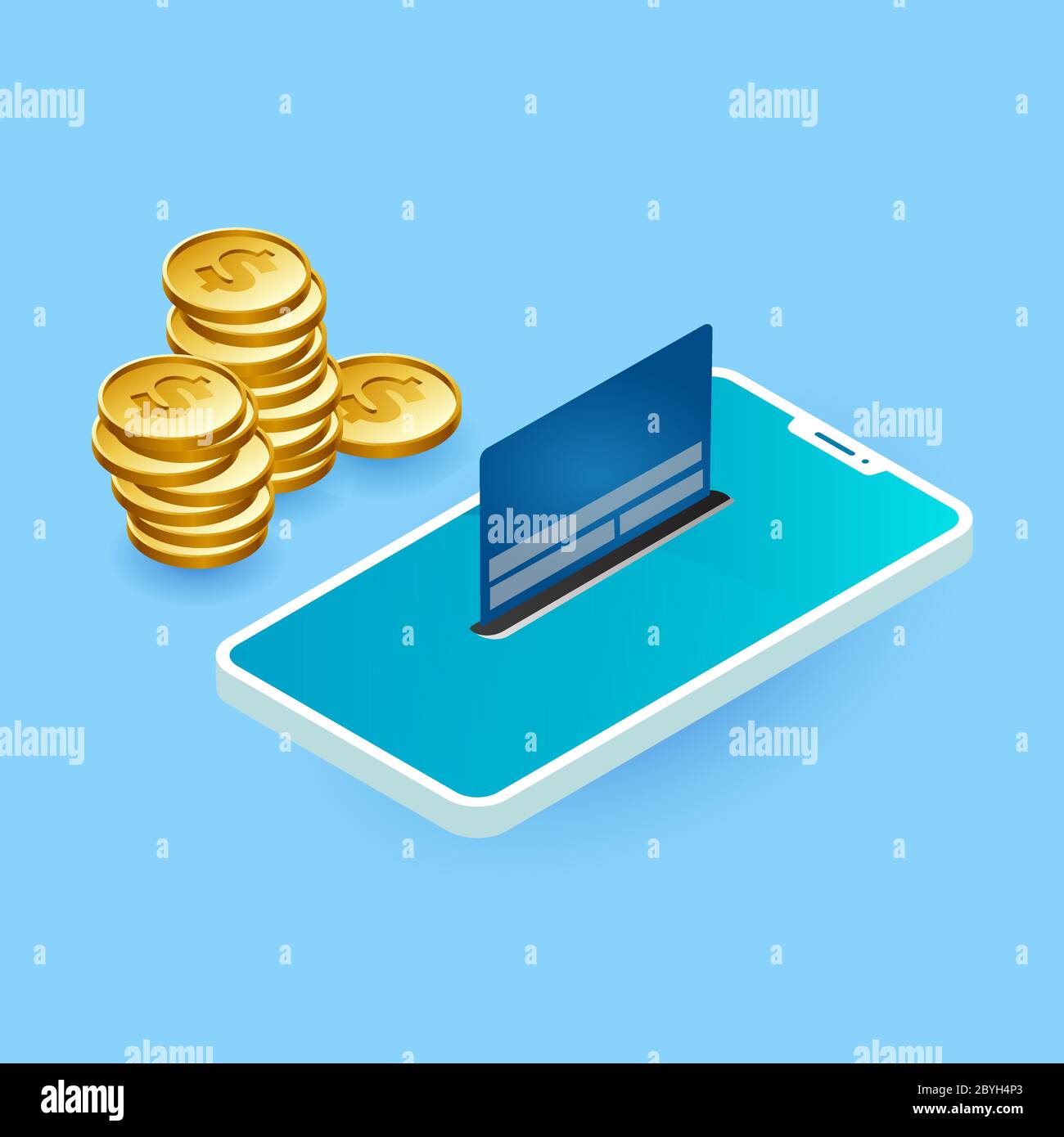 Mobile banking. Illustrazione vettoriale dell'applicazione di pagamento su smartphone e monete in giro Illustrazione Vettoriale
