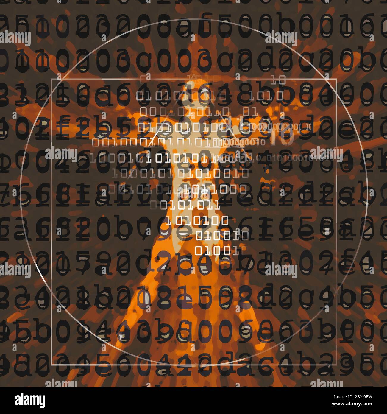 Uomo moderno Vitruviano con lettere distrutte e codici binari. Grunge futuristico stilizzato Illustrazione di uomo vitruviano. Foto Stock