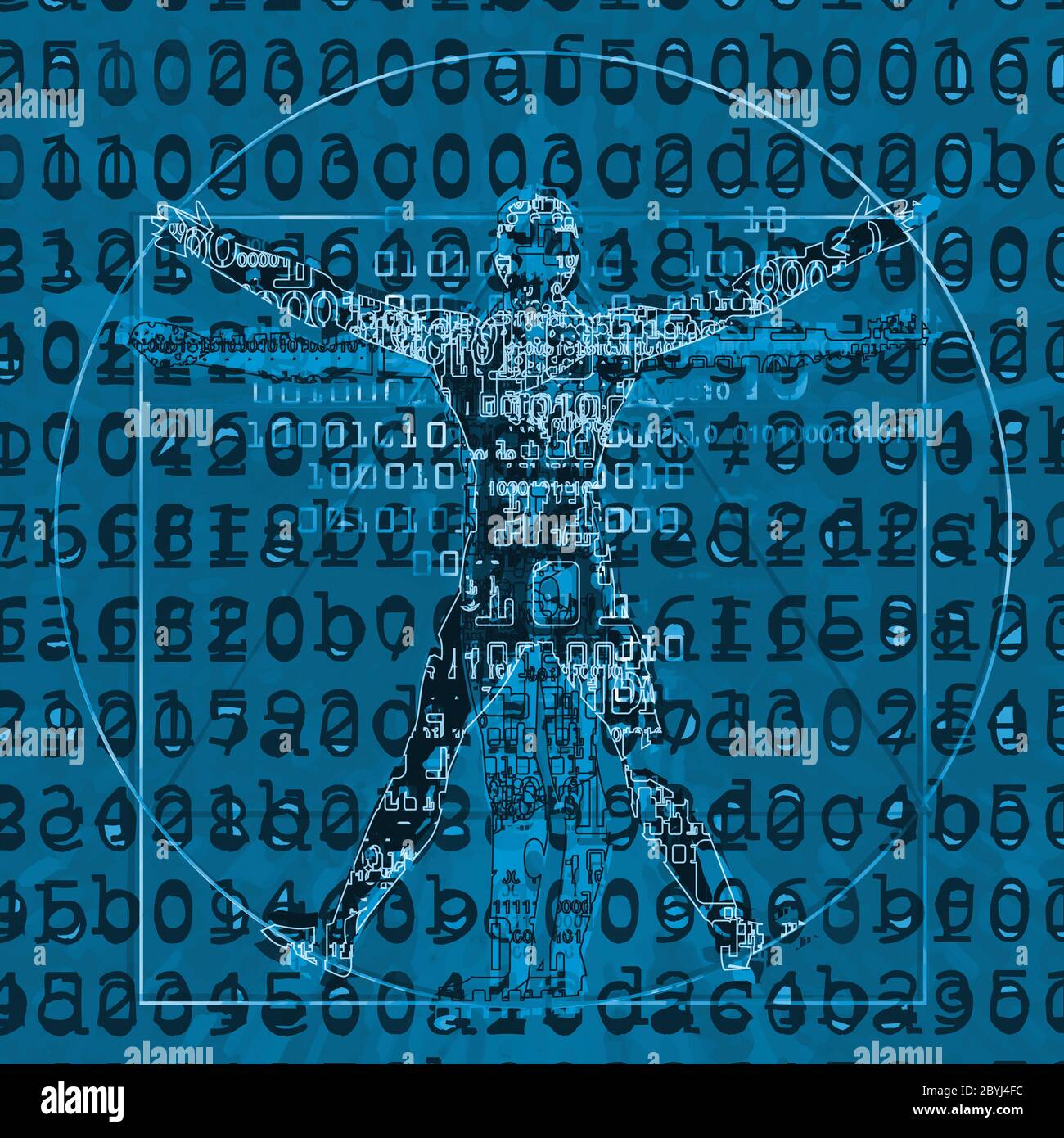 Uomo moderno Vitruviano con lettere distrutte e codici binari. Grunge futuristico stilizzato Illustrazione di uomo vitruviano. Foto Stock