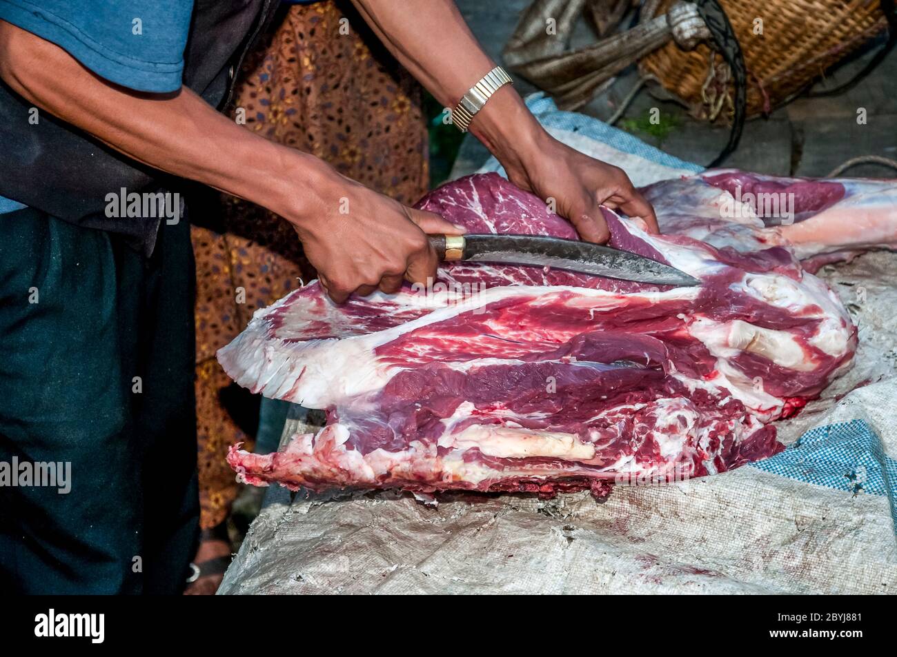 Nepal. Trekking di picco dell'isola. Un macellaio in visita dimostra le sue capacità di aspettare i clienti di Sherpa signora. La carne è un vero piacere per le famiglie in quella che è una dieta vegetariana di base. Il macellaio ha portato due lontre intere zampe di una mucca di Jak lungo il fegato animale dalla città di Lukla diverse ore a piedi di distanza visitando tutte le piccole comunità fino a quando non c'è nulla di più della carne. Anche le ossa saranno usate per fare zuppa-brodo poi successivamente messo in polvere per fornire fertilizzante Foto Stock