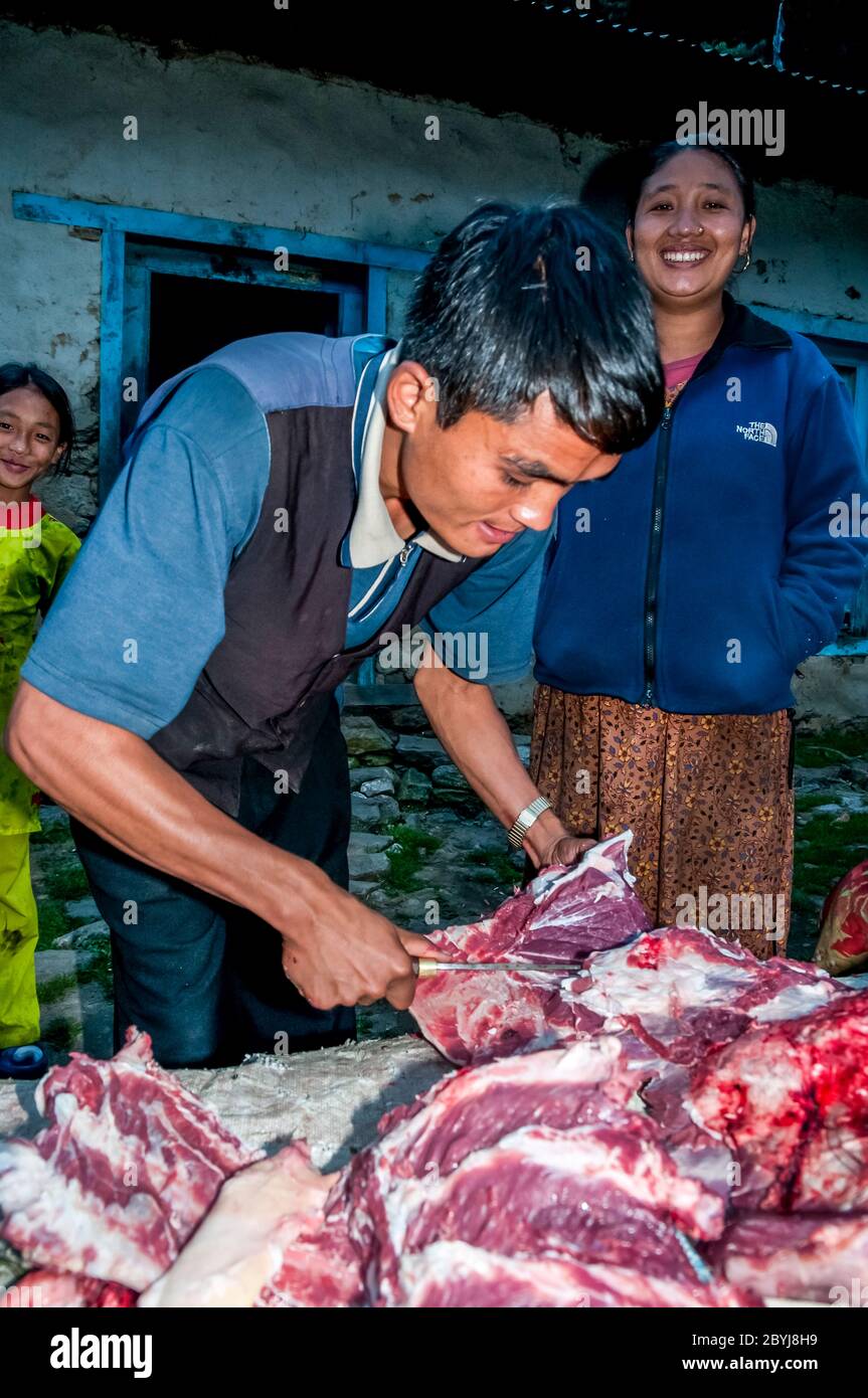 Nepal. Trekking di picco dell'isola. Un macellaio in visita dimostra le sue capacità di aspettare i clienti di Sherpa signora. La carne è un vero piacere per le famiglie in quella che è una dieta vegetariana di base. Il macellaio ha portato due lontre intere zampe di una mucca di Jak lungo il fegato animale dalla città di Lukla diverse ore a piedi di distanza visitando tutte le piccole comunità fino a quando non c'è nulla di più della carne. Anche le ossa saranno usate per fare zuppa-brodo poi successivamente messo in polvere per fornire fertilizzante Foto Stock