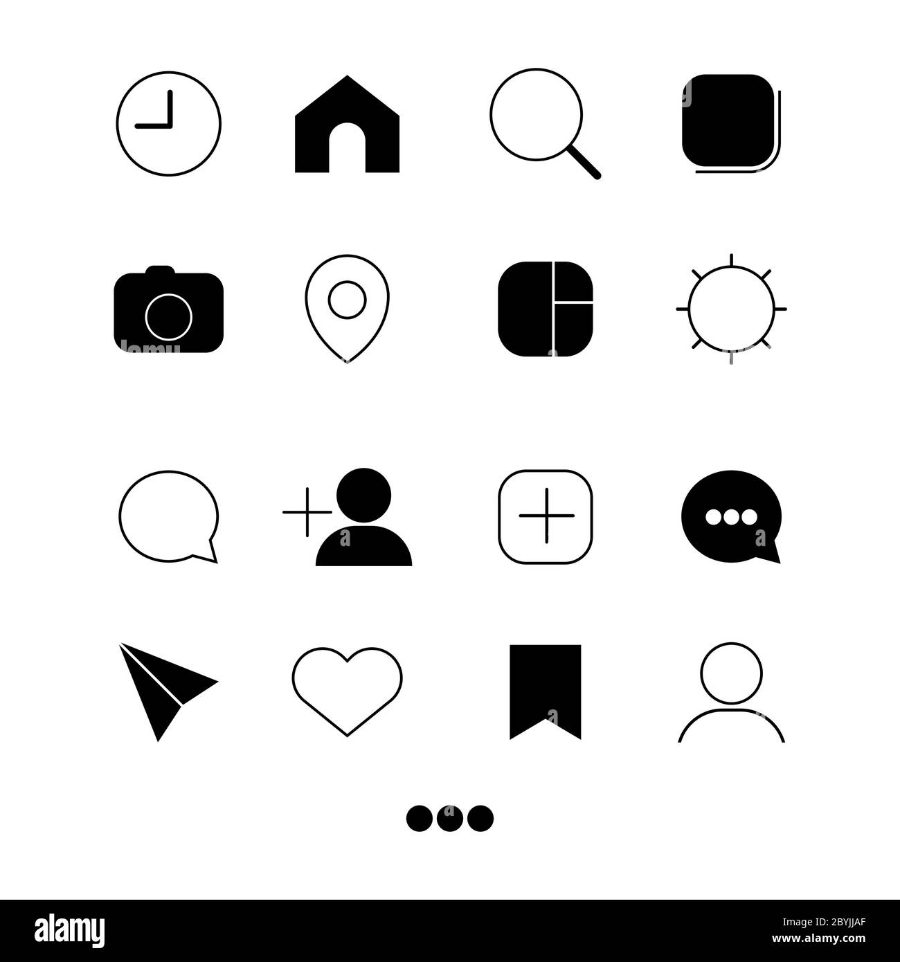 Elementi di rete universali. Simboli in bianco e nero o icone dei pulsanti Internet in nero su sfondo bianco. Vettore EPS 10. Illustrazione Vettoriale