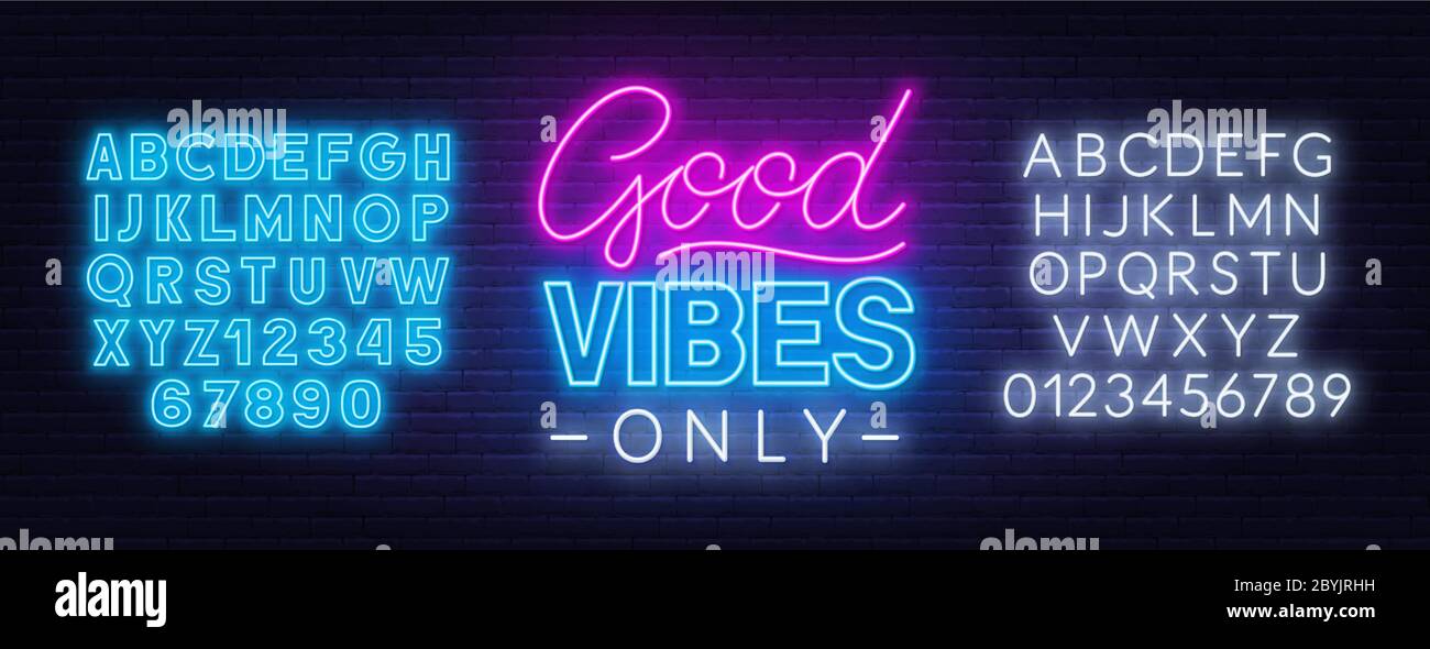 Solo i segni al neon sono buoni. Set di bolle di parlato al neon e l'alfabeto su sfondo scuro. Illustrazione Vettoriale